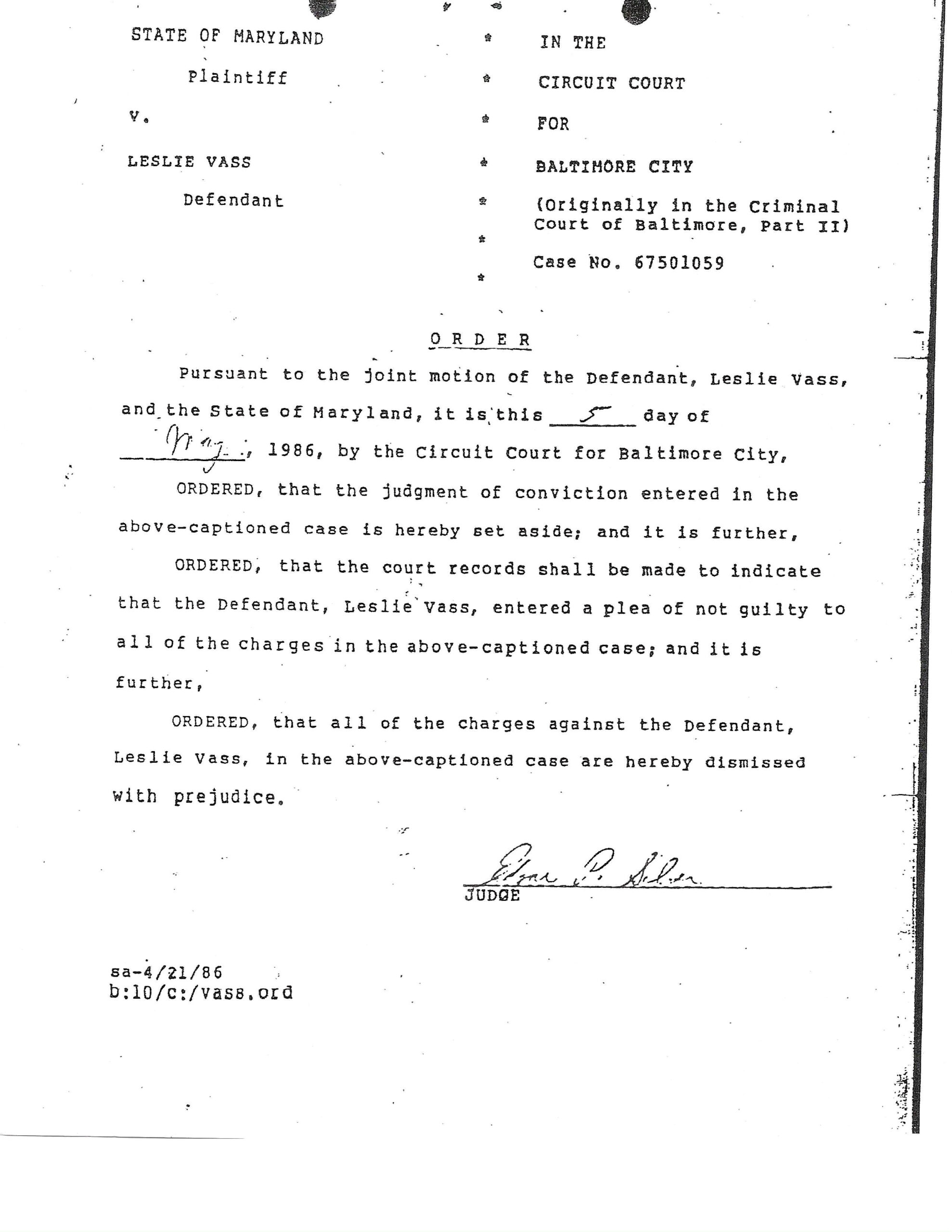 Court order dated May 5, 1986, officially vacating Leslie Vass’s wrongful conviction and dismissing all charges with prejudice in Baltimore City