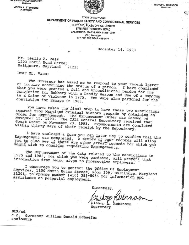 1993 letter referencing Leslie Vass’s pardon for his 1975 and 1983 wrongful convictions, highlighting ongoing recordkeeping failures.