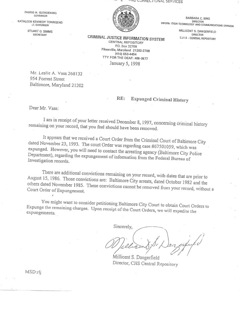 1998 letter from Maryland Criminal Justice Information System confirming expungement of Leslie Vass’s case #67501059, with limitations on records prior to August 15, 1986.