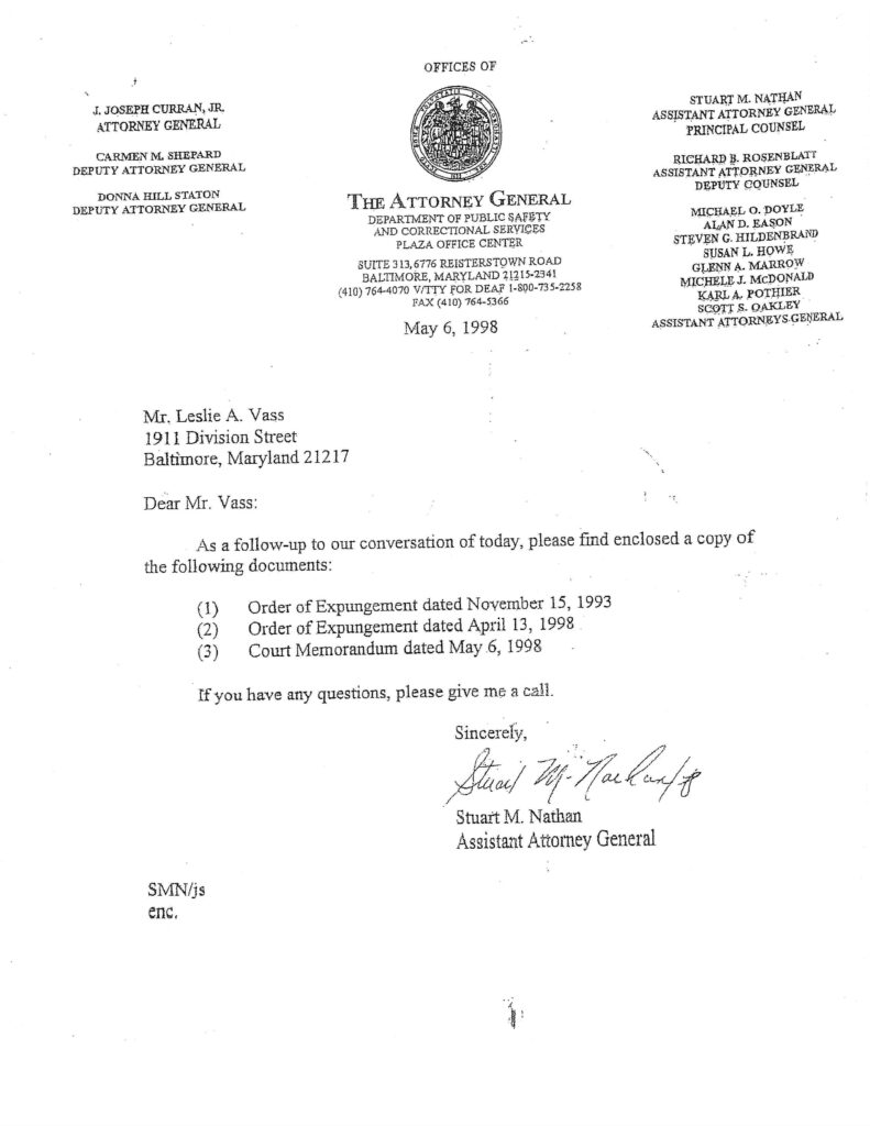 1998 letter from the Maryland Attorney General’s Office enclosing Leslie Vass’s expungement orders dated November 15, 1993, and April 13, 1998.