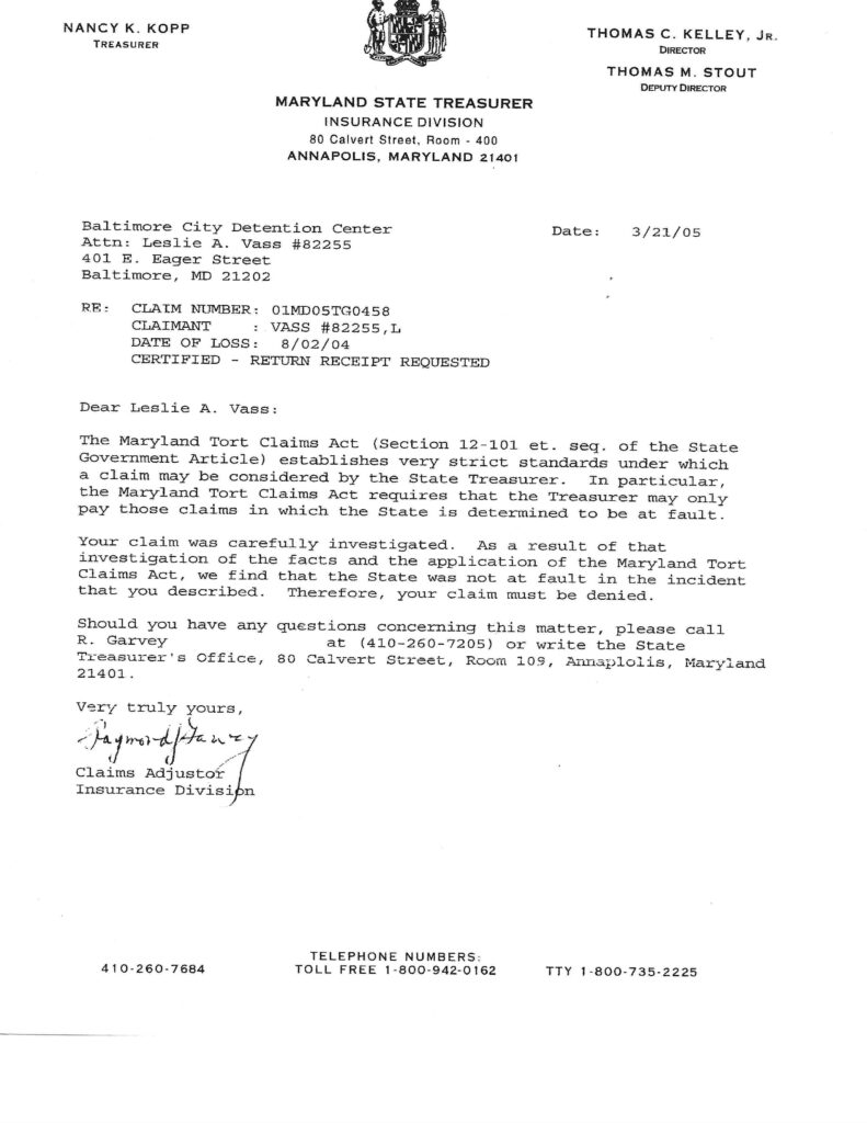 2005 denial letter from the State of Maryland rejecting Leslie Vass’s tort claim for wrongful conviction in Maryland v. Vass, citing no state liability.