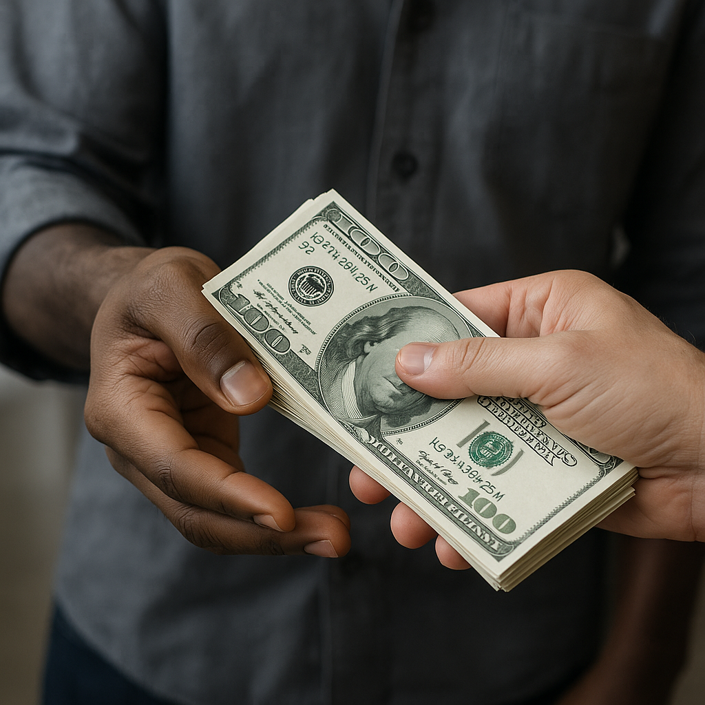 Close-up of hands exchanging a stack of hundred-dollar bills, symbolizing financial compensation or legal settlement after a wrongful conviction